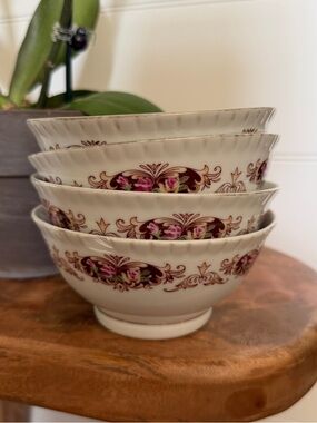 Vintage Floral Porcelain Bowls - Pink & Burgundy Pattern (Set of 4) 4”